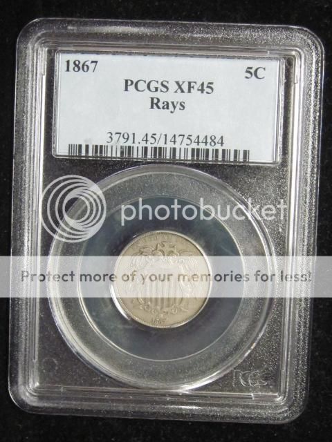 1867 Shield Nickel PCGS XF 45 Rays  