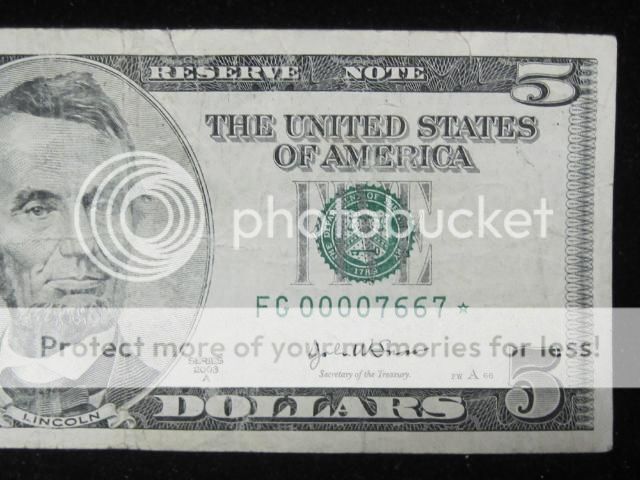 Federal Reserve STAR Note 2003 Series Early Serial # FG 00007667 