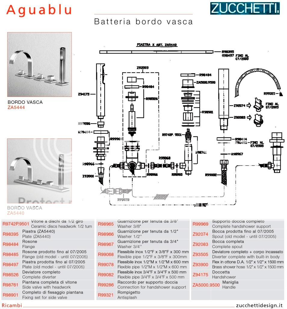 Zucchetti Aguablu ZA5444 D.M 5 Hole Bath Set+Diverter  